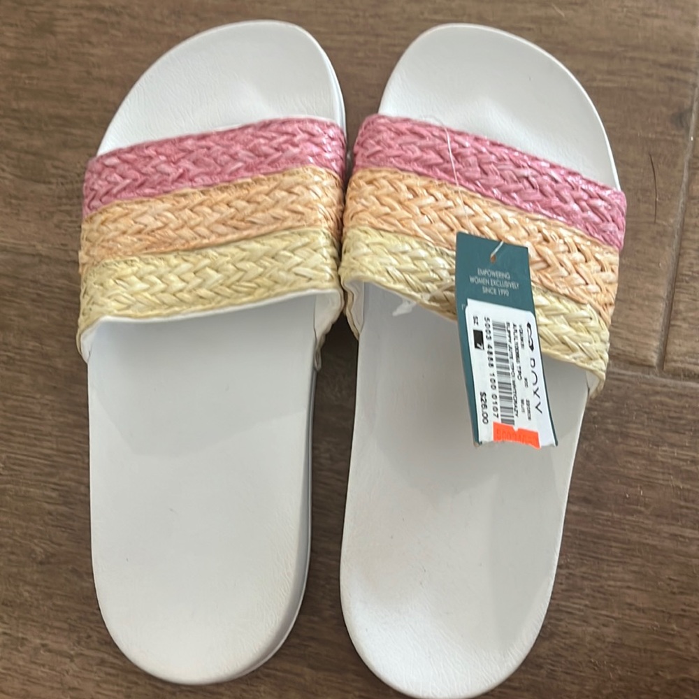 Roxy slides sloppy jute they are pink, orange, yellow, and white